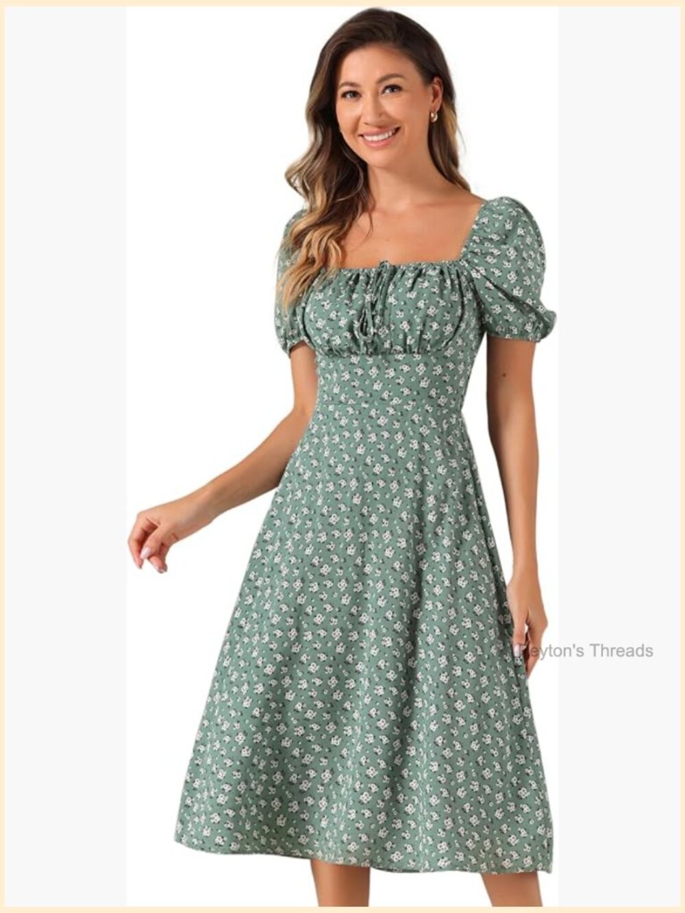 Floral Puff Sleeve Square Neck Milkmaid Smocked Midi Dress - Picture 1 of 5